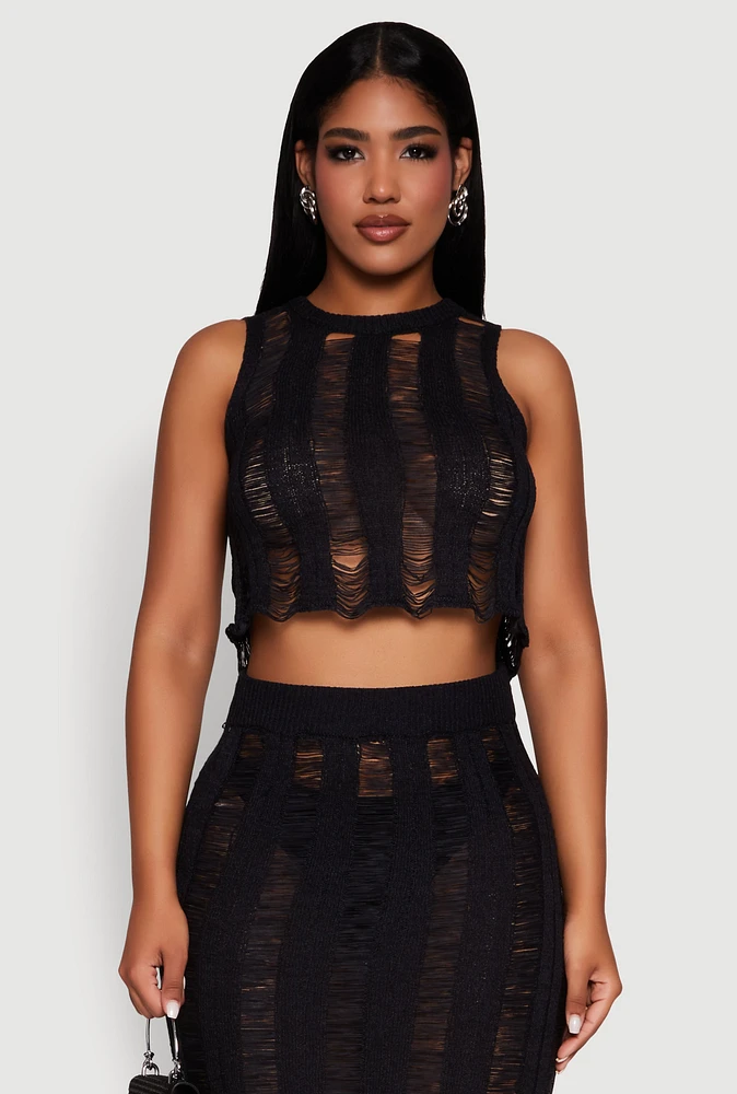 Womens Trendy Sleeveless Distressed Crop Top, Black, Size M