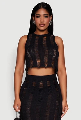 Womens Trendy Sleeveless Distressed Crop Top, Black, Size M