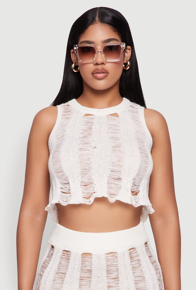 Womens Trendy Sleeveless Distressed Crop Top, White, Size XL