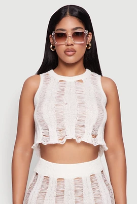Womens Trendy Sleeveless Distressed Crop Top, White, Size XL