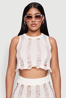 Womens Trendy Sleeveless Distressed Crop Top, White, Size XL