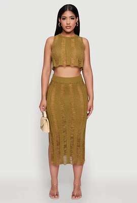 Womens Chic High Waisted Midi Pencil Skirt with Side Slits, Green,