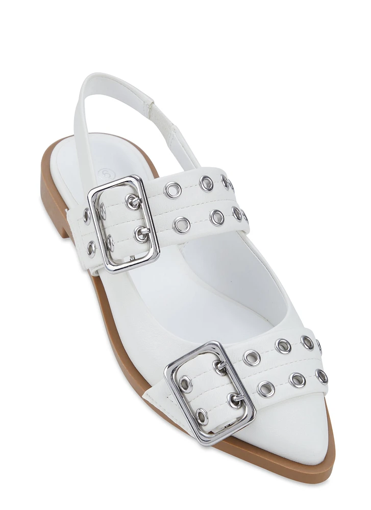 Womens Pointed Toe Buckle Slingback Flats, White, Size 7