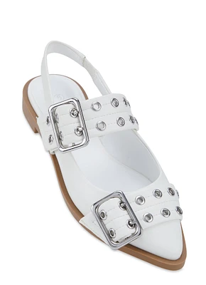 Womens Pointed Toe Buckle Slingback Flats, White, Size 7