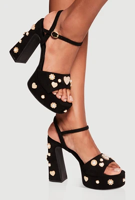Womens Charm Embellished Platform Block Heel Sandals,