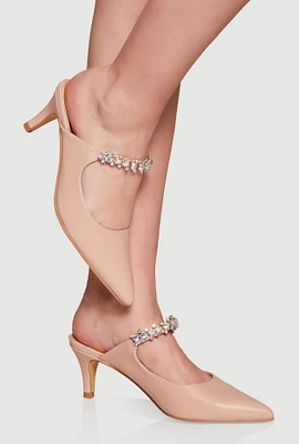Womens Rhinestone Strap Mid Heel Mules,