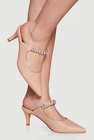 Womens Rhinestone Strap Mid Heel Mules,