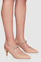 Womens Rhinestone Strap Mid Heel Mules,