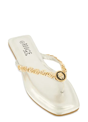 Womens Greek Key Metallic Pendant Thong Sandals, Silver, Size 7.5