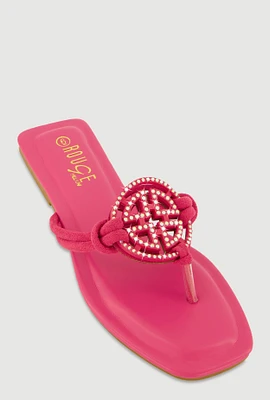 Womens Rhinestone Geometric Pendant Thong Sandals, Pink, Size 10