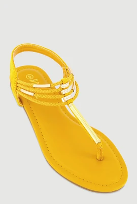 Womens Metallic Pendant Ankle Strap Thong Sandals, Yellow,