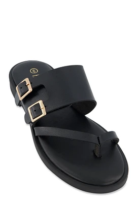 Womens Double Buckle Toe Loop Slide Sandals,