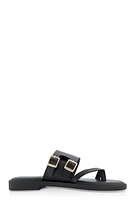 Womens Double Buckle Toe Loop Slide Sandals,