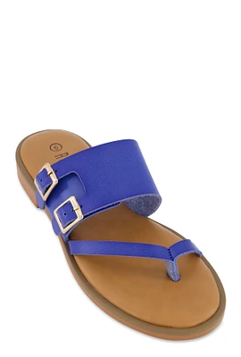 Womens Double Buckle Toe Loop Slide Sandals,