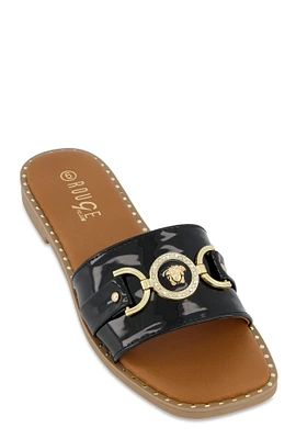 Womens Metallic Pendant Faux Patent Leather Slide Sandals,