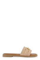 Womens Metallic Pendant Faux Patent Leather Slide Sandals,