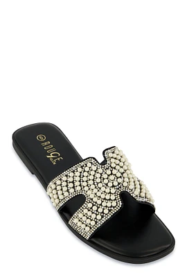 Womens Rhinestone Faux Pearl H Band Slide Sandals,