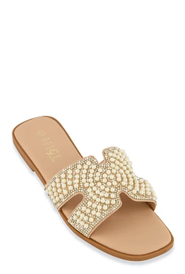 Womens Rhinestone Faux Pearl H Band Slide Sandals,