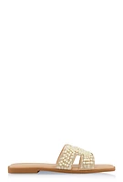 Womens Rhinestone Faux Pearl H Band Slide Sandals,