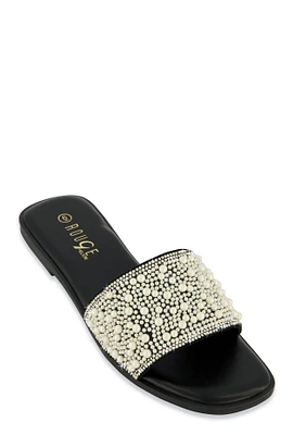Womens Rhinestone Trim Faux Pearl Band Slide Sandals,