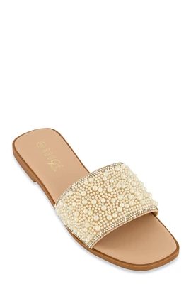 Womens Rhinestone Trim Faux Pearl Band Slide Sandals,