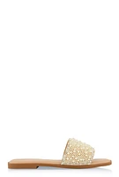Womens Rhinestone Trim Faux Pearl Band Slide Sandals,