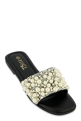 Womens Faux Pearl Rhinestone Band Slide Sandals,