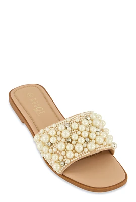 Womens Faux Pearl Rhinestone Band Slide Sandals,