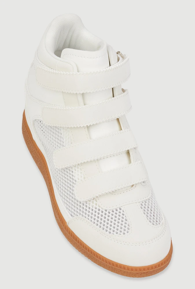 Womens Stylish Fishnet Wedge Sneakers with Velcro Straps, White, Size 6.5