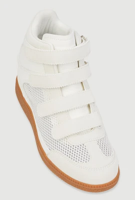 Womens Stylish Fishnet Wedge Sneakers with Velcro Straps, White, Size 6.5
