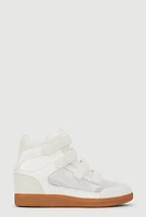 Womens Stylish Fishnet Wedge Sneakers with Velcro Straps, White, Size 6.5