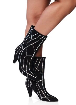 Womens Pointed Toe Rhinestone High Heel Booties, Black,