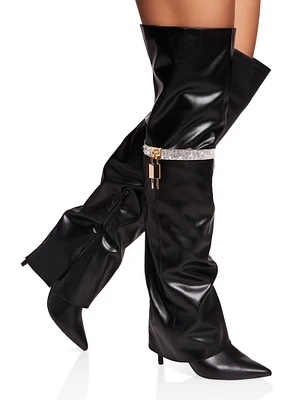 Womens Rhinestone Lock Fold Over the Knee Boots, Black, Size 11