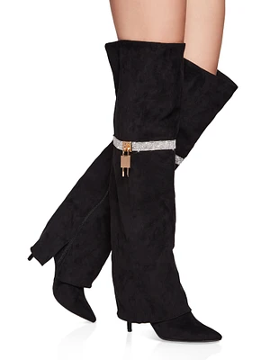 Womens Rhinestone Lock Fold Over the Knee Boots, Black, Size 6