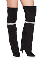 Womens Rhinestone Lock Fold Over the Knee Boots, Black, Size 6