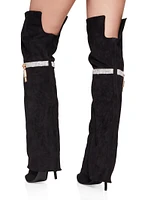 Womens Rhinestone Lock Fold Over the Knee Boots, Black, Size 6