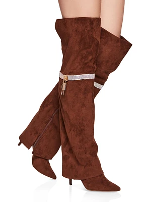 Womens Rhinestone Lock Fold Over the Knee Boots, Brown, Size 6.5