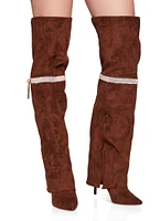Womens Rhinestone Lock Fold Over the Knee Boots, Brown, Size 6.5