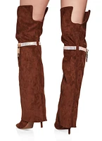 Womens Rhinestone Lock Fold Over the Knee Boots, Brown, Size 6.5