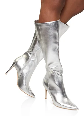 Womens Pointed Toe Stiletto Tall Boots, Silver, Size 6
