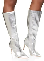 Womens Pointed Toe Stiletto Tall Boots, Silver, Size 6