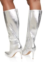 Womens Pointed Toe Stiletto Tall Boots, Silver, Size 6