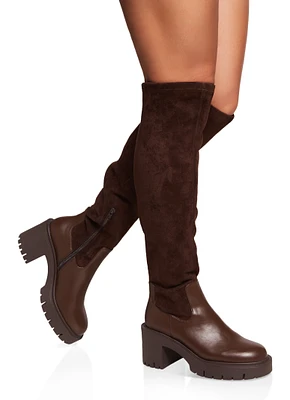 Womens Mid Heel Platform Over the Knee Boots, Brown,