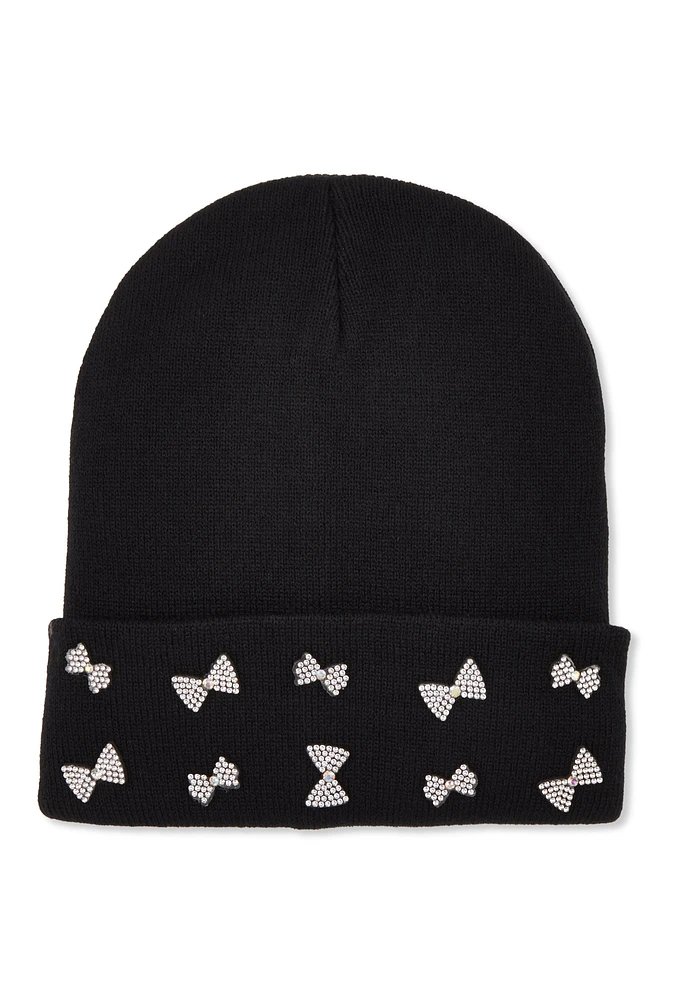 Womens Rhinestone Bow Beanie, Black