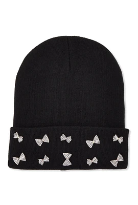 Womens Rhinestone Bow Beanie, Black