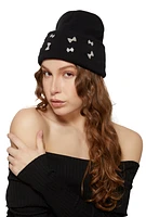 Womens Rhinestone Bow Beanie, Black
