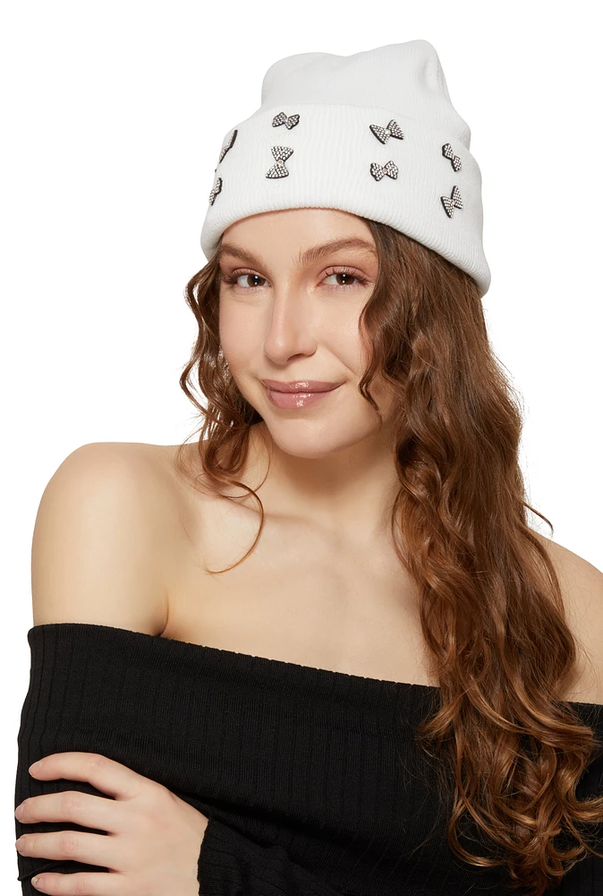 Womens Rhinestone Bow Beanie, White