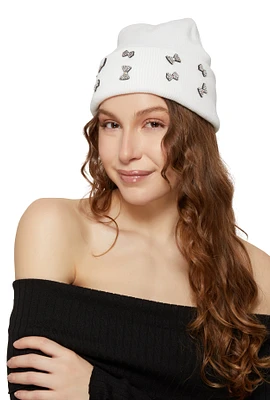 Womens Rhinestone Bow Beanie, White