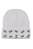 Womens Rhinestone Bow Beanie, White