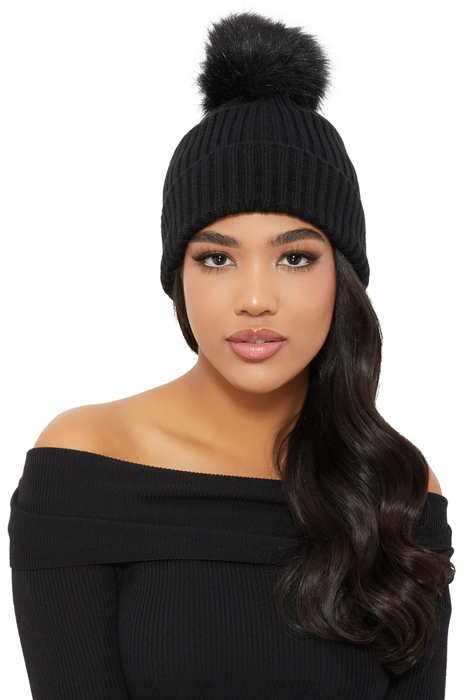 Womens Ribbed Knit Faux Fur Pom Pom Beanie, Black